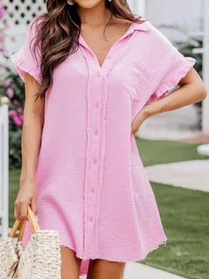 Pink Lily No Worries Pink Gauze Button Up Dress thumbnail 1