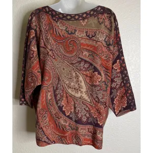 Chicos 2 US Large Paisley Knit Top Orange Purple Metallic Dolman Sleeve 3/4 Chic thumbnail 2