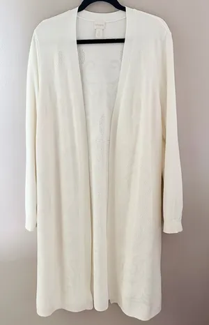 Chico's Off-White Jacquard Open-Front Long Duster Cardigan Size 3 XL thumbnail 1