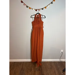 NWT Azazie Lamara Burnt Orange Off the Shoulder Chiffon Convertible Jumpsuit thumbnail 3
