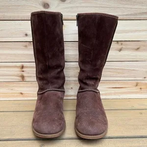 Y2K Brown Suede Leather Mid-Calf UGG Boots w/ Slight Heel and Lined Interior thumbnail 4