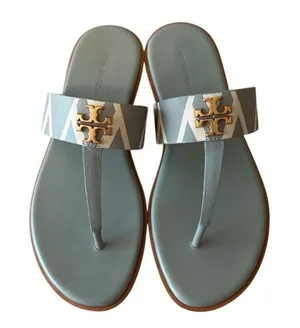 Tory Burch Mini Everly Geometric‎ Blue Grey Sandals Double T 7 thumbnail 1