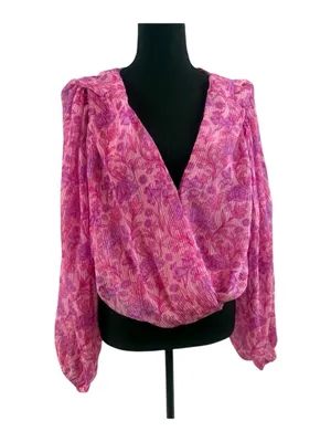 Japna Pink & Purple Floral Wrap Blouse with V-Neck, Tie Back. Boho Romantic thumbnail 5