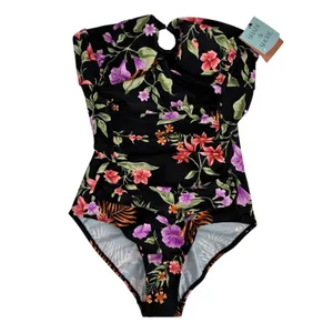Shade & Shore‎ Womens Floral One Piece Swimsuit Black Multi Keyhole Ruched S 4-6 thumbnail 3