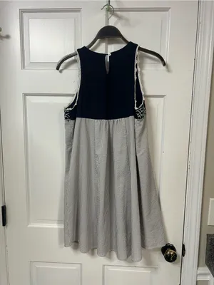 THML Navy Bodice Floral Embroidered Mini Dress with Striped Skirt thumbnail 3