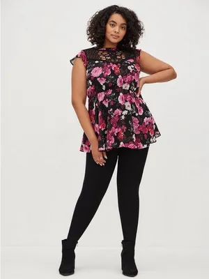 Torrid Peplum Chiffon Clip Dot Crochet Top 00 M/L 10 Black Floral thumbnail 2