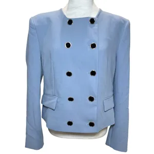 Zara NWT‎ Cropped Blazer L Blue Double Breasted Collarless Gold Button Jacket thumbnail 3