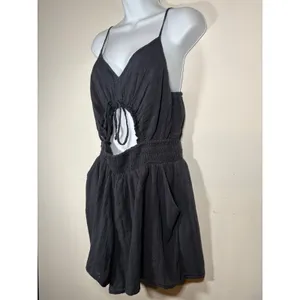 American Eagle Romper Black Gauze Cutout Tie Front Pockets Casual Medium Tall thumbnail 3