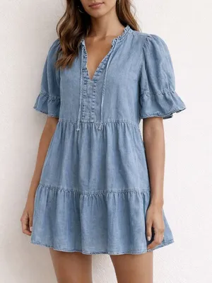 LOFT Chambray Short Ruffle Sleeve Tiered Mini Babydoll Dress Blue Medium thumbnail 1