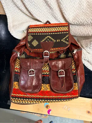 Vintage Vrai Cuir Leather‎ Tapestry Backpack - Boho Moroccan Handcrafted Bag thumbnail 7