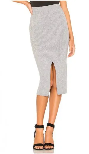 Free People Skyline Midi Skirt Gray Rib Knit Front Slit High Waist Size M thumbnail 1