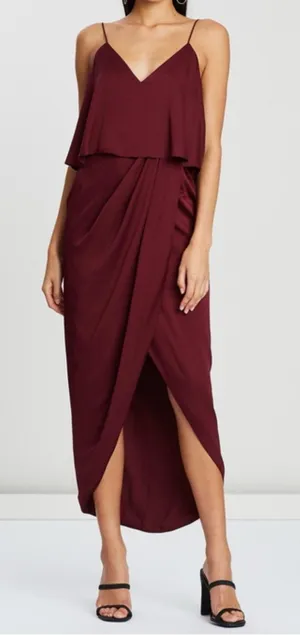 Shona Joy Woman’s Draped Luxe Cocktail Frill Spaghetti Strap Dress in Burgundy 6 thumbnail 1