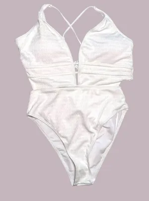 Mokpi ribbed textured‎ sexy white monokini One Piece L thumbnail 1