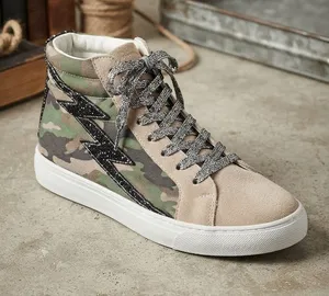 Women's High-Top Sneaker in Camouflage and Beige with Glitter Bolt thumbnail 1