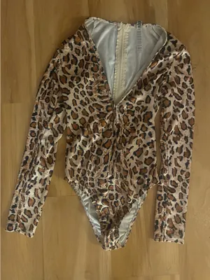 Leopard Cat Print Bodysuit Long Sleeve Plunging Neck Y2K Costume XS/S thumbnail 3