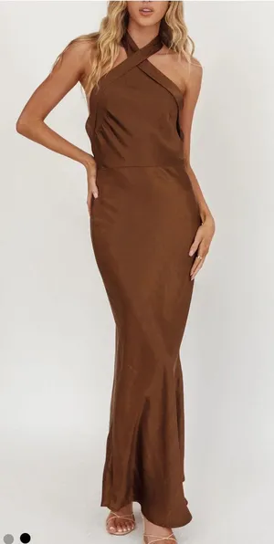 Selfie Leslie Crossover Halterneck Maxi Dress Chocolate thumbnail 1
