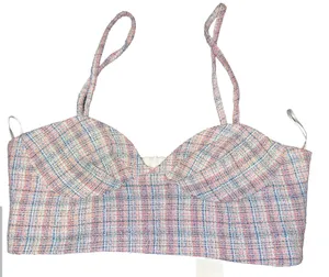 ZARA NWT Tweed Boucle Knit Corset Crop Top Bralette Pink & blue metallic accent Sz Large thumbnail 4