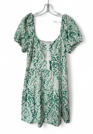 House Of Harlow 1960 Puff Sleeve Hook & Eye Linen Blend Mini Dress M Ivory/Green thumbnail 2