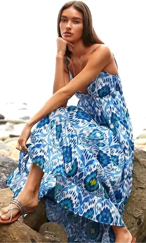 Anthropologie Ro’s Garden Florida Blue Ikat Maxi Dress thumbnail 1