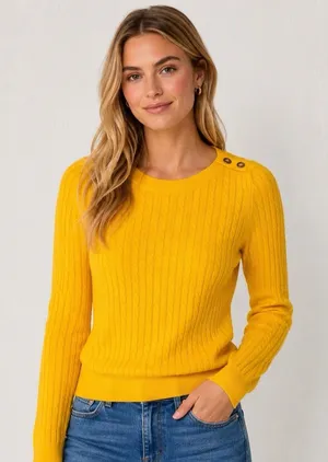 Lauren Ralph Lauren Petite P/P Yellow Cable Knit Cotton Sweater Gold Buttons thumbnail 1