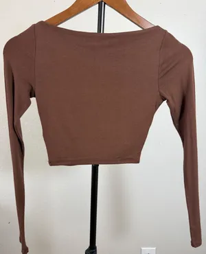 Naked Wardrobe Womens XS Brown Mesh Panel Long Sleeve Crop Top NW-C2068 thumbnail 1