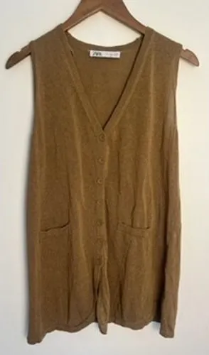 Zara Knit Vest Wm LG Brown V-Neck Sleeveless Cardigan Indie‎ Twee Preppy Grandma thumbnail 1