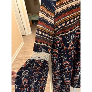 Entro Navy Blue Boho Floral Paisley Bell Sleeve Lace Accent Tunic Top Dress L thumbnail 4