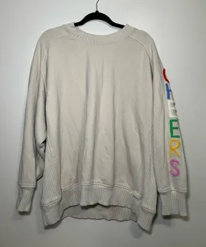 aerie Cream Crewneck Sweater with Multicolor “Cheers” Sleeve Letters thumbnail 1