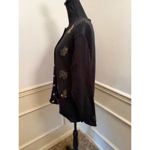 Vintage Stitches in Time Embroidered Autumn Cardigan Sweater Black Knit Large thumbnail 6