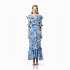 Elliatt Snow Printed Linen Gown Blue Floral Wedding Guest Vacation Summer thumbnail 3