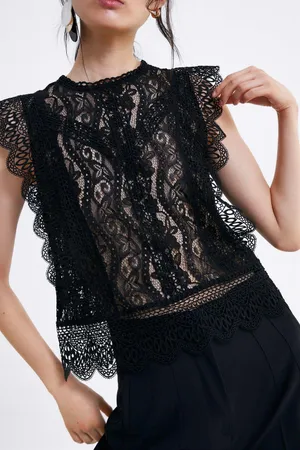 ZARA Black Semi Sheer Lace Top Blouse thumbnail 1