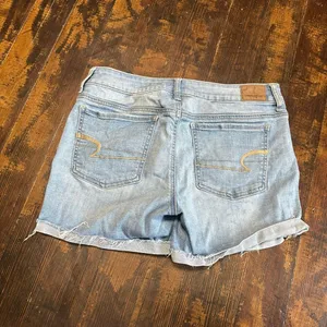 American Eagle distressed denim midi cut off cuffed shorts thumbnail 2