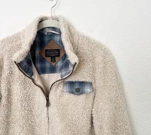 [Pendleton] Cream Full Zip Flannel Flap Pocket Fleece Sherpa Jacket Size Small S thumbnail 3