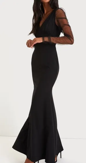 NEW Lulus Red Carpet Energy Black Tulle Long Sleeve Mermaid Maxi Dress Small thumbnail 1