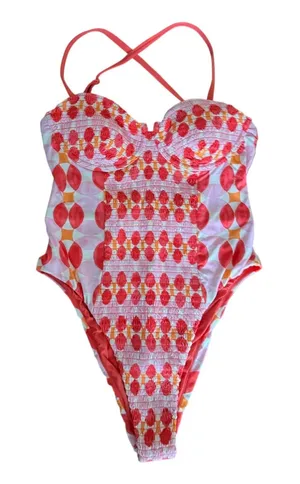 Maeve by Anthropologie Smocked Geometric One Piece Swimsuit Coral‎ Pink Large thumbnail 1