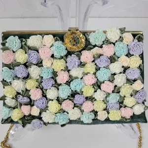 Andé Womens Clutch Bag Green Croc Embossed Pastel Floral Applique Gold Chain thumbnail 11