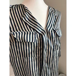 Love Culture coastal nautical Striped Satin Blouse Navy Cream Roll Tab Sleeve Button Up thumbnail 4