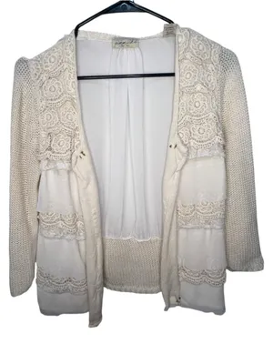 Gimmicks By BKE Cream Crochet Lace Chiffon Open Knit Boho Open Front Cardigan thumbnail 1