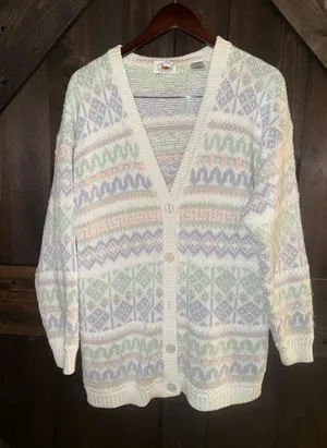 VTG Marsh Landing Sweater Women's‎ L Large Pastel Fair Isle Cardigan Cream 90s thumbnail 1