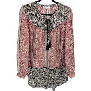 DR2 Women's Tunic Top Size Medium‎ Pink Black Paisley Boho Tassel V-Neck thumbnail 3