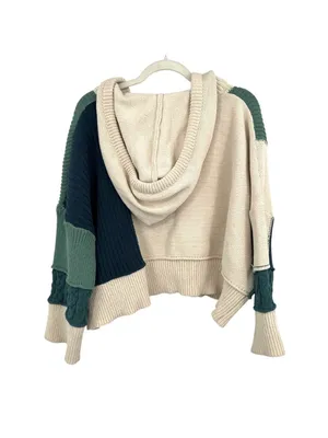 POL Colorblock Knit Hoodie Sweater Patchwork Beige Green Navy Size Small thumbnail 6
