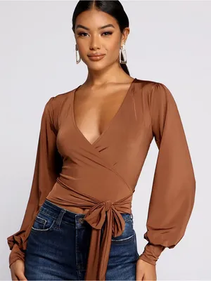 Windsor Slinky Knit Brown Wrap Top thumbnail 3