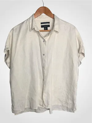 Tahari Cream Short-Sleeve Linen Button-Down Shirt - Medium thumbnail 1