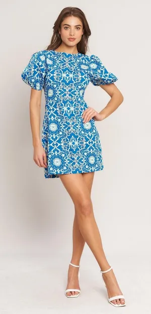 Flying Tomato White Blue Puff Sleeve Dress Medium thumbnail 1
