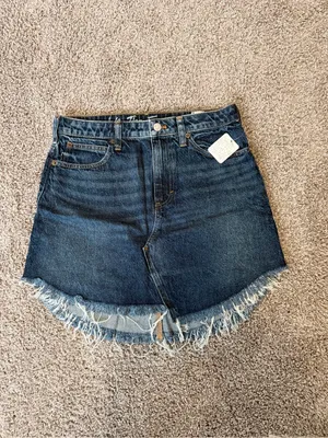 NWT Free People Bailey Raw Hem Fringe Denim Jean Asymmetrical Mini Skirt Size 28 thumbnail 2