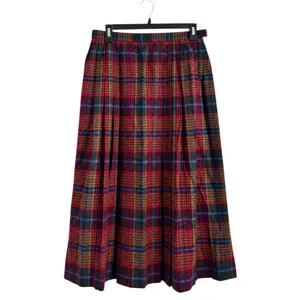 Vintage Schadder 100% Wool Tartan Plaid Pleated Midi Skirt Size 14 Red Green thumbnail 2