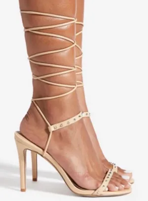 ✨ NEW ShoeDazzle Size 8.5 Nicoletta Nude Beige Studded Strappy Sandals Stilettos Heels $50.00 ✨ thumbnail 1