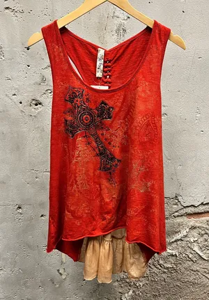 Only Sky Vintage Y2K Red Grunge Cross Graohic Braid Detail Tank Top Large L 00s thumbnail 1