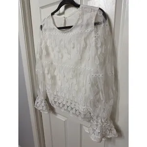 Zara White Embroidered Lace Mesh Long Sleeve‎ Top with Bell Cuffs Size Large thumbnail 3