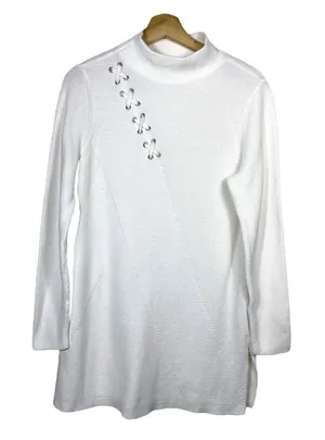 Chicos White Cashmere Cotton Pullover‎ Sweater Sz 2 L High Neck Ribbed Minimal thumbnail 1